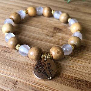 White, Gold & Wood Beaded Stretch Bracelet with Golden Flower Charm, 7.5”